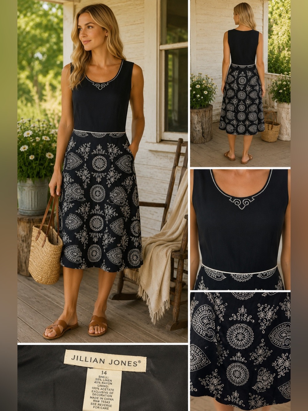Jillian Jones Linen Blend Embroidered Midi Dress Black White Size 14 L Classic